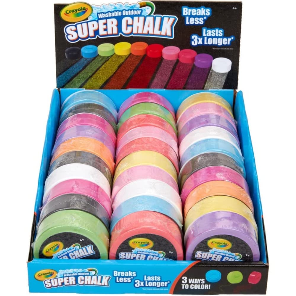 CRAYOLA Washable Outdoor Super Chalk - Assorted Colours (Box of 30) | 3 Different Ways to Colour with One Puck! | For Ages 4+