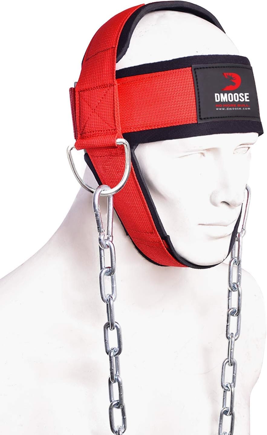 DMoose Fitness Neck Harness for Weight Lifting-Adjustable Head & Chin Strap with 30" Heavy Duty Steel Chain, Neck Exerciser