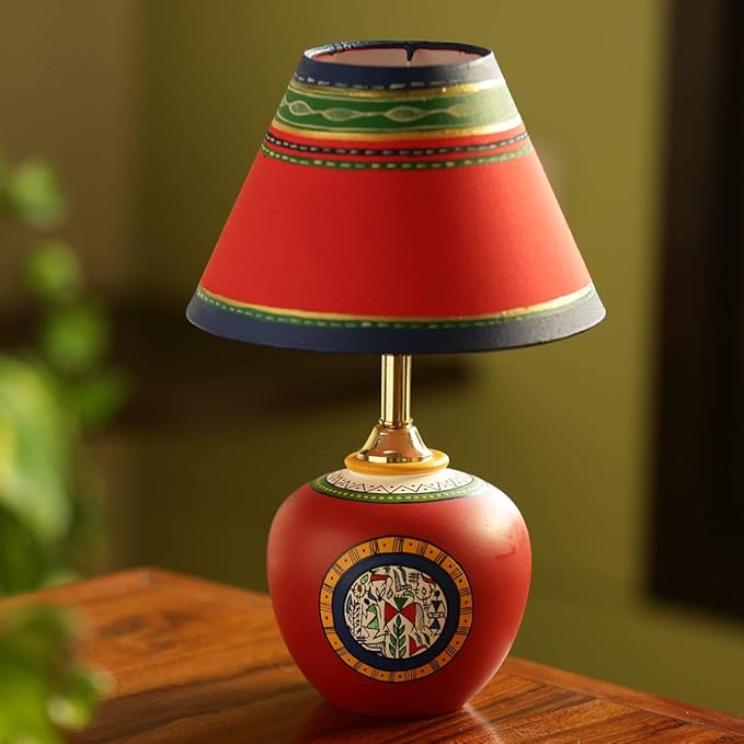 ExclusiveLane 13 Inch Terracotta Handpainted Warli Matki Table Lamp In Red - Table Lamps for Living Room Home Decorative Item Gift Items Night Lamps for Indoor Lighting