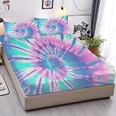 MUSOLEI Tie Dye Fitted Sheet Set Girls Pink Blue Bedding Set 2PCS Boho Bed Set Deep Pocket Fitted Sheet with 2 Pillowcases Wrinkle Free Cozy Microfiber Girl Bed Sheets Gift(Full)