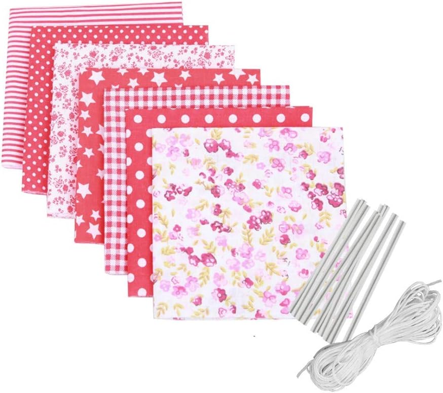 Cotton Craft Fabric Bundle Patchwork Squares Quilting Sewing Patchwork Different Pattern Cloths DIY Scrapbooking Artcraft,7 Pieces/Pack w/10 x Face Cover Metal Wire (Red)