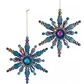 The Bridge Collection Peacock Inspired Snowflake Ornaments, Set of 2 Blue Green and Purple Snowflakes for Peacock Themed Christmas Tree