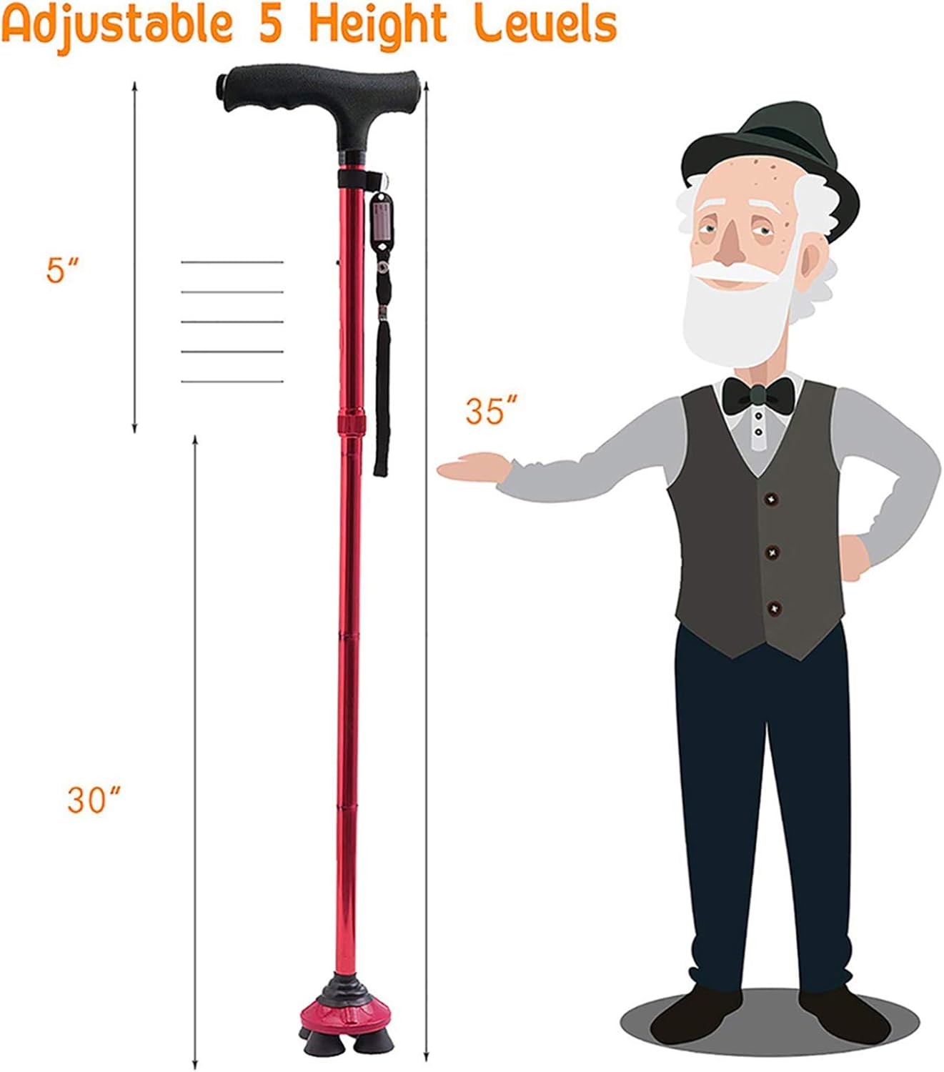 BigAlex Folding Walking Cane with LED Light,Pivoting Quad Base,Adjustable Walking Stick with Carrying Bag for Man/Woman （4.9'-5.6' Red ）: Health & Personal Care