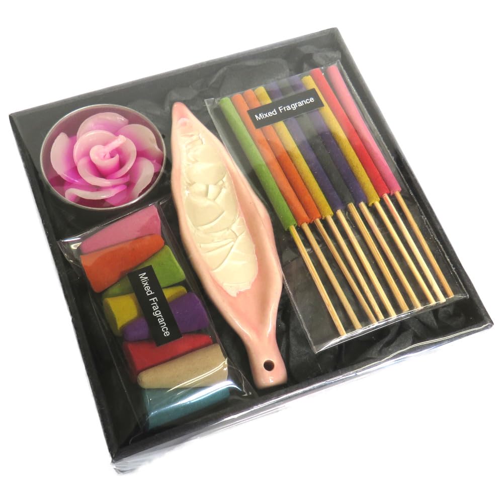 Incense Gift Set Containing Incense Cones, Short Mixed Incense sticks, Tea Light and Ash Catcher