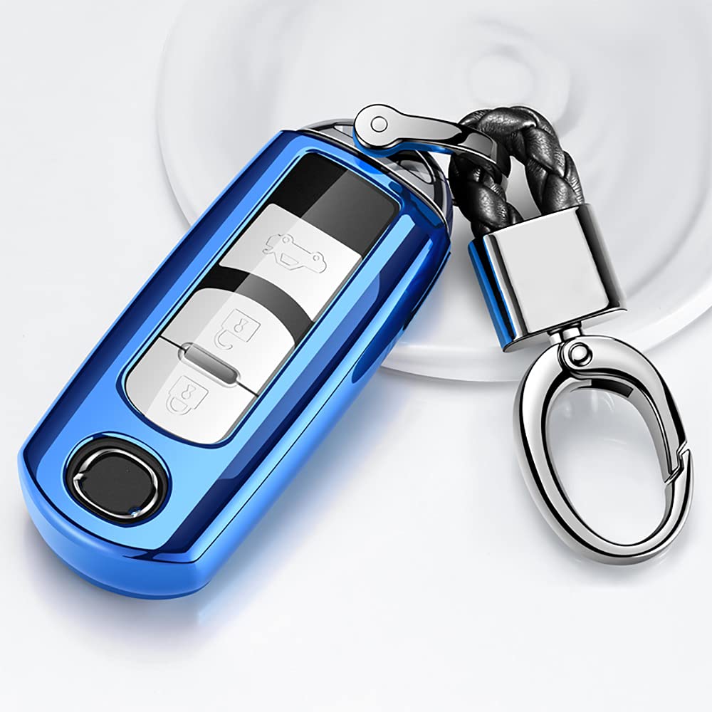 Dik Hong Mazda Key-Fob Shell Key-Case - Compatible With Mazda 4-Buttons Smart Remote Key,Premium Soft TPU For Car Key protection (BLUE)