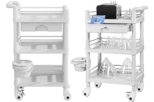 CENOZ Beauty Salon Trolley Cart, Esthetician Cart with Wheels & Bucket and 1 Big Drawer, 3 Tier Heavy Duty SPA Cart, Load 330lbs, 360° Rotate Silent Wheels for Beauty Salon SPA Hospital Office Lab Cart