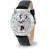 Disney Minnie Watch - Watch for Women - Minnie Mouse Watches for Women Toys - 90s Mouse - Vintage - Clock Hands - Silver Case - Black Leather Strap