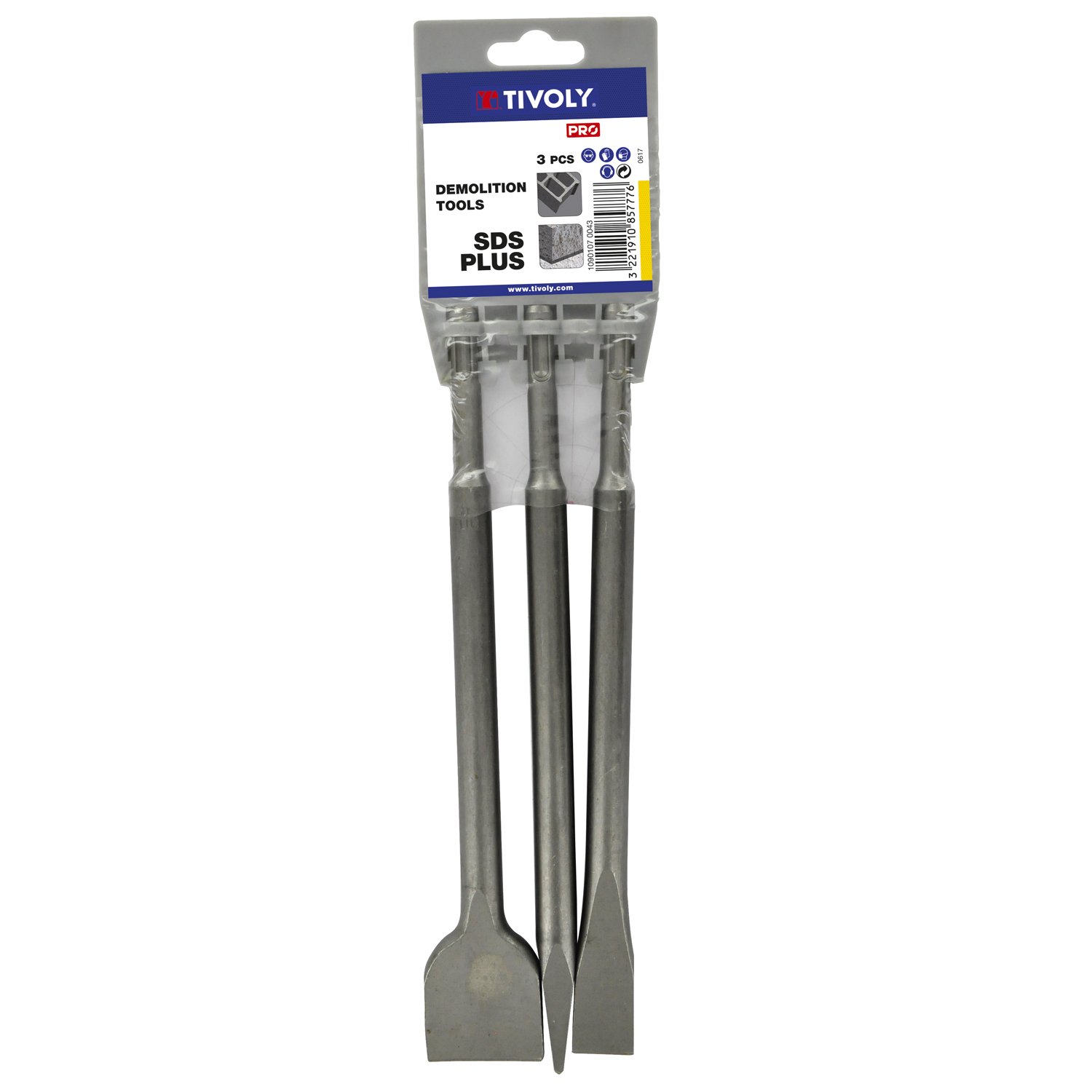 TIVOLY 10901070043 L250mm SDS+ Demolition Tools- Pointed Chisel-20mm 3/4", Large Chisel-40mm Large Chisel (Pack of 3), Grey