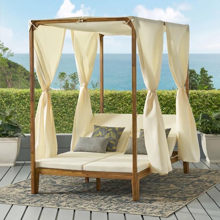 Photo 1 of **PARTS ONLY/SEE NOTES** Christopher Knight Home Kenzie Acacia Wood Outdoor Daybed with Canopy, Double Chaise Lounge Chair Outdoor with Cushion, Adjustable Backrest Patio Sun Lounger Set of 2, Teak+Cream