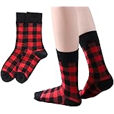 Azyekiny 2 Pairs Women Soft Cozy Organic Cotton Buffalo Plaid Checked Pattern Socks Graphic Casual Calf Crew Winter Spring Outdoor Valentine's Day Gifts Red Black