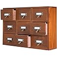 PACKGILO 9 Drawers Library Card Catalog Cabinet with Labels Apothecary Cabinet Tabletop Apothecary Chests and Cabinets Herb Storage Box Wooden Desk Drawer Organizer Medicine Vintage Furniture(Brown)