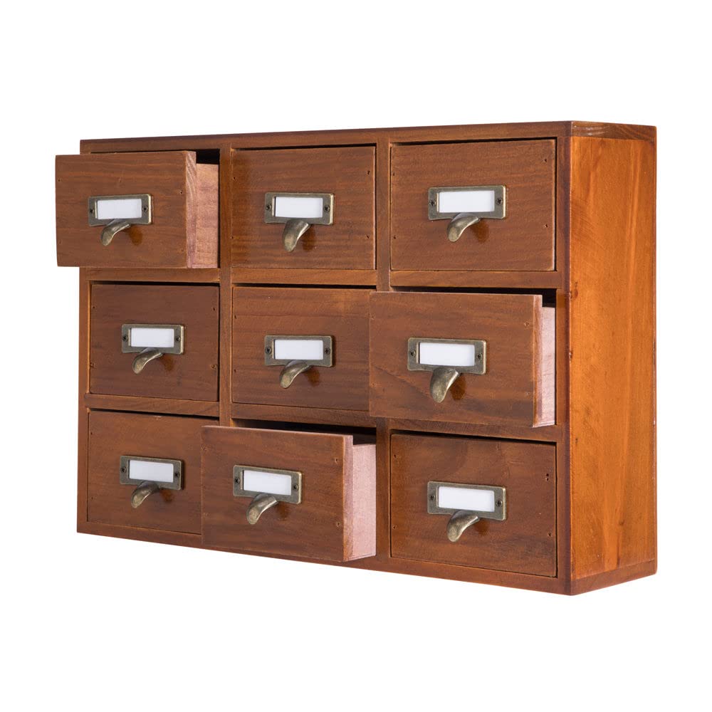 Photo 1 of PACKGILO 9 Drawers Library Card Catalog Cabinet with Labels Apothecary Cabinet Tabletop Apothecary Chests and Cabinets Herb Storage Box Wooden Desk Drawer Organizer Medicine Vintage Furniture(Brown)