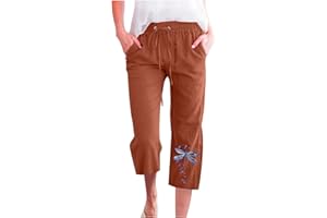 yardsong Linen Pants for Women Cute Dragonfly Print Wide Leg Capris Drawstring Elastic Waist Casual Pants with Pockets