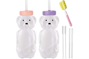 MOOTIKAR Honey Bear Straw Cups, Juice Bear Bottle Drinking Cup Long Straws with 4 Flexible Straws & Cleaning Tools, 8-Ounce Therapy Sippy Bottles for Speech and Feeding Training, Food-Grade & BPA Free 2 Pack