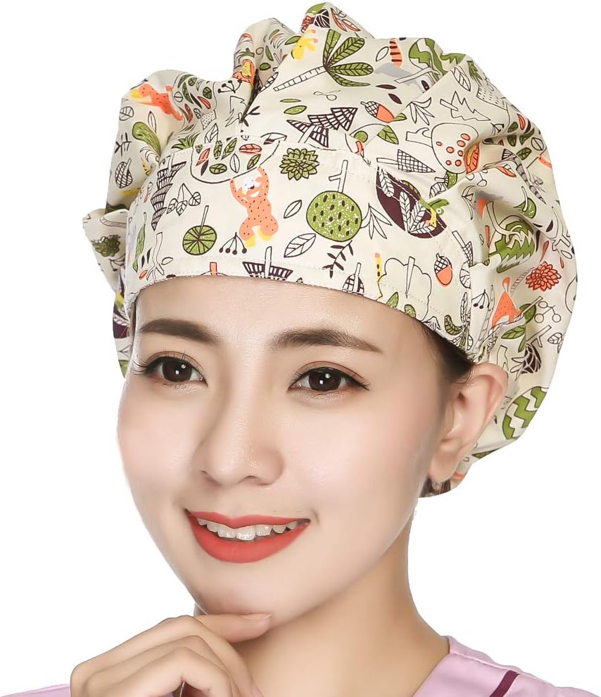 QiaTi Women Scrub Hats with Sweatband Adjustable Cotton Bouffant Cap Doctor Scrub Cap Free Size