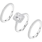 MDFUN 18K White Gold Plated Three-in-one Emerald Cut Cubic Zirconia Promise Wedding Engagement Rings Set Eternity Bands for Women Size 5-10
