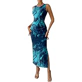 Trendy Queen Bodycon Maxi Dress Womens Sleeveless Floral Print Fitted Party Club Ruched Dresses with Side Slit