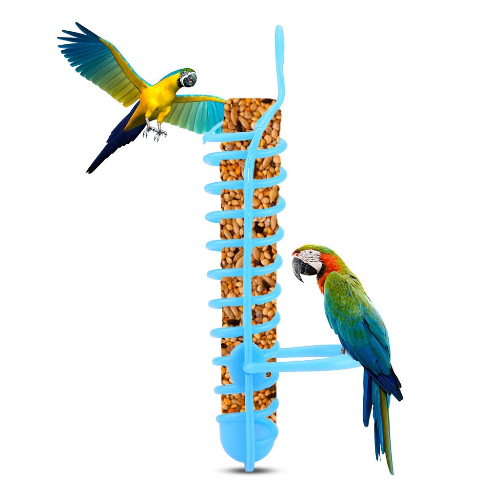 Parrot Hanging Feeder Basket with Perch Stand - Hollow Bird Food Container for Fruit Vegetable Millet Seed Hanging Feeder for Parrots and Birds (Blue)