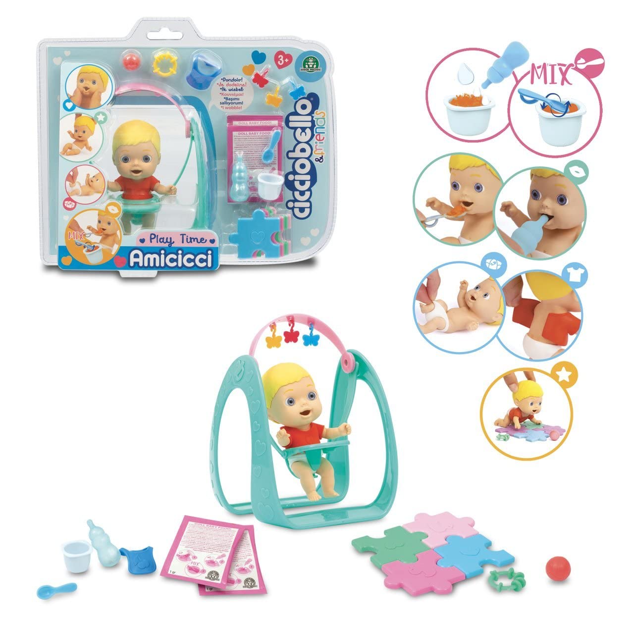 Cicciobello Amicicci CC000 CC0000000 Baby with Swing and Accessories Set for Children Aged 3 Years, Multi-Coloured