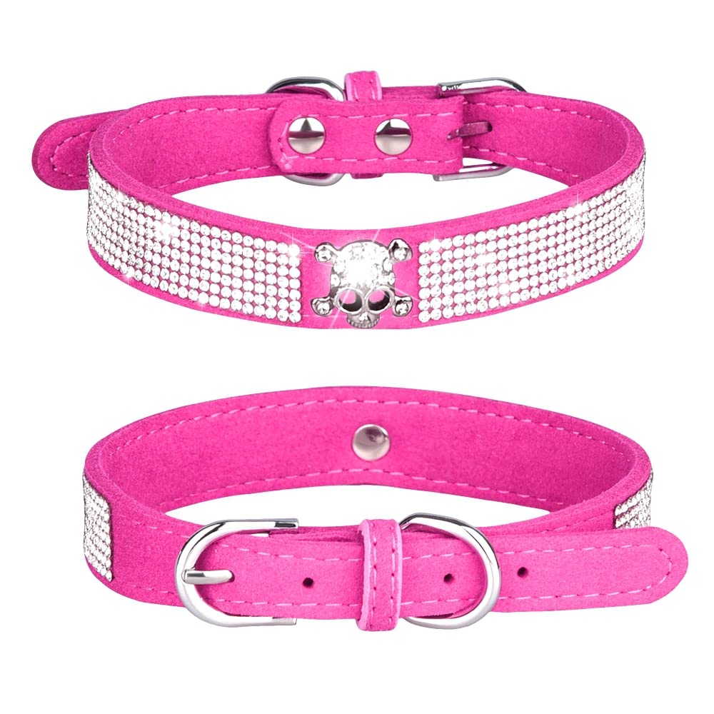 Haoyueer Rhinestone Dog Collar, Cute Dazzling Sparkling Soft Suede Leather Dog Cat Rhinestone Collar Crystal Diamond Pet Dog Puppy Collar (M, Hot pink-5)