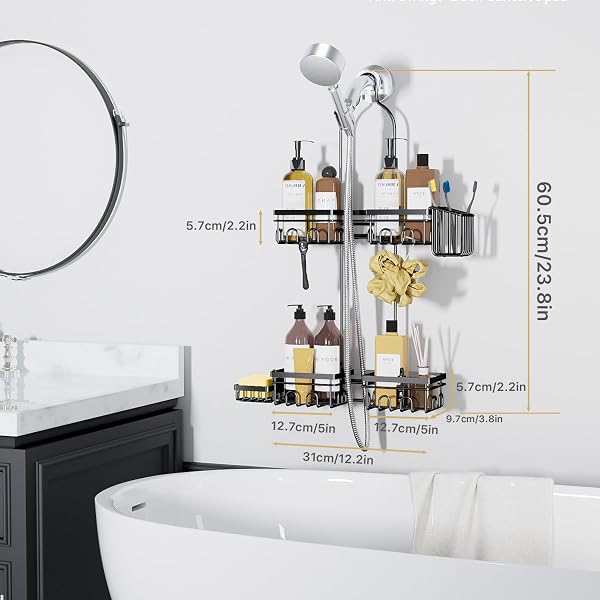 KEGII SHOWER CADDY HANGING FOR HANDHELD SHOWERHEADS, RUSTPROOF HANGING SHOWER ORGANIZER WITH SOAP DISH, TOOTHBRUSH HOLDER AND HOOKS, OVER SHOWERHEAD CADDY FOR BATHROOM