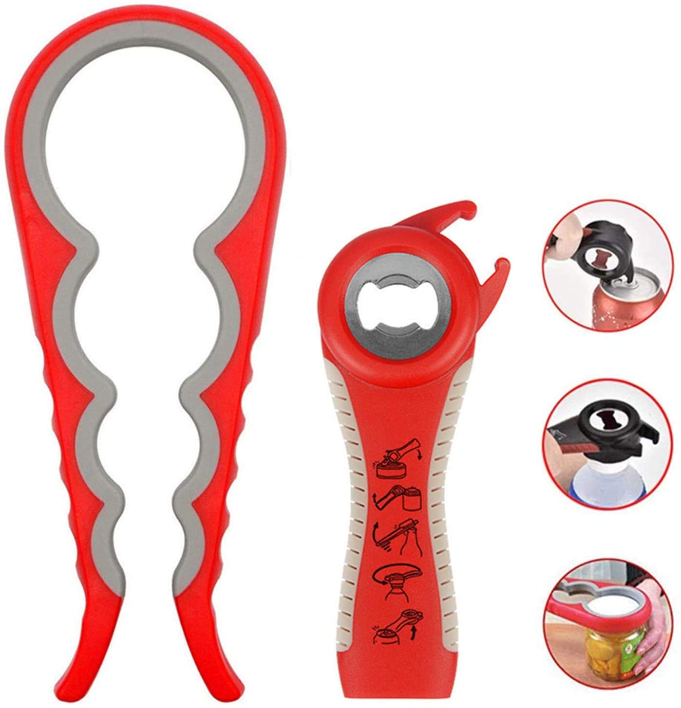 Easy Jar Bottle Opener Kit, 5in1 and 4in1 Multi Function Jar Openers, Simple to Use for Children, Elderly and Arthritis Sufferers,Silicone Hand Gripper Aid (Red)