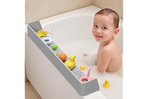 AyNirser Bathtub Splash Guard Play Shelf Over Tub for Kids 31” with 11 Strong Suction Cups, Silicone Tub Water Guards Toy Tray Holder No Mess Water Spill in Bathroom for Toddlers Baby - Grey