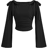CIDER Crop Tops for Women Boat Neck Bowknot Long Sleeve Ruched Top Sweetheart Neck Blouse Fitted Shirt