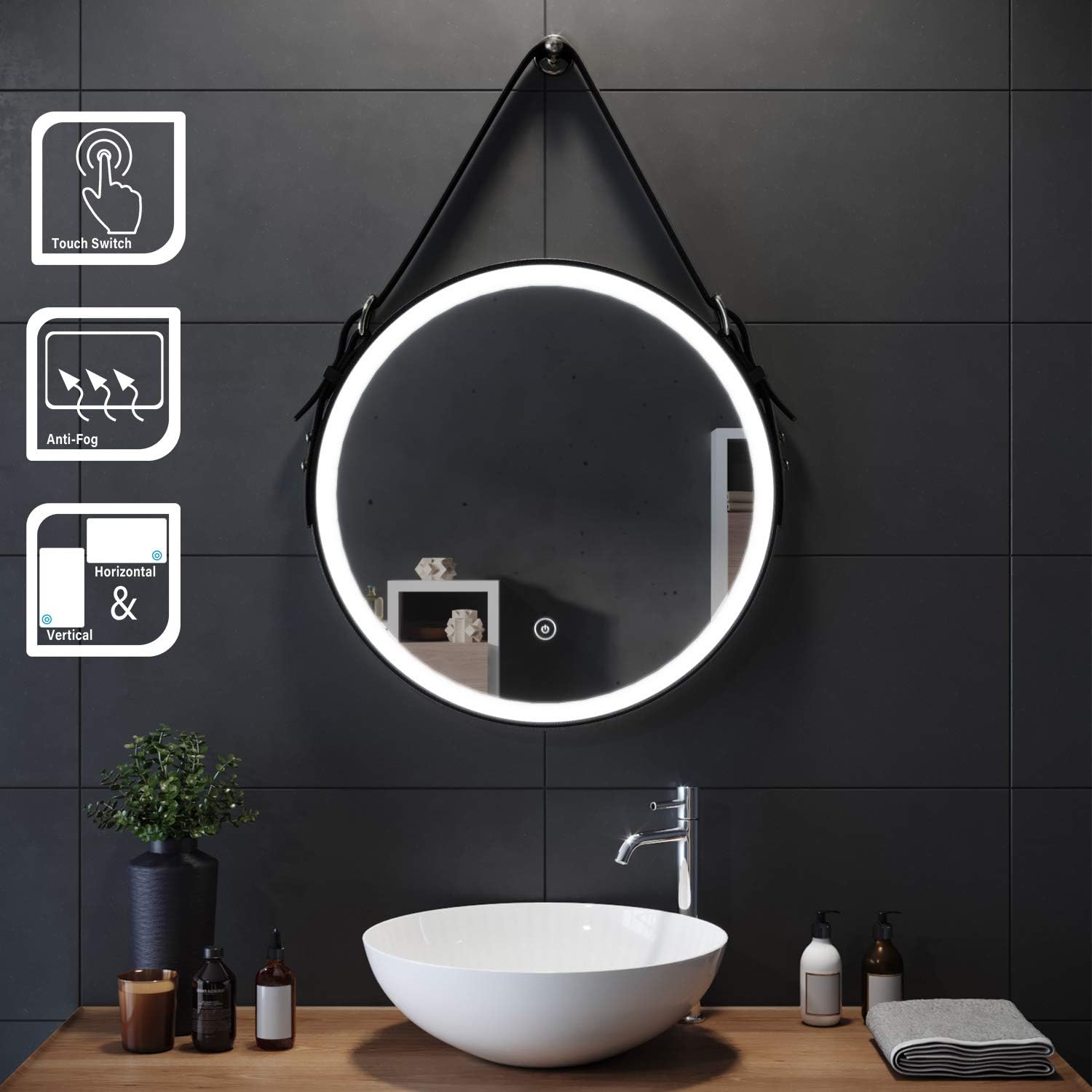 ELEGANT Modern Round Bathroom Mirrors Wall Mounted with Lights Belt