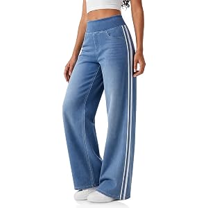 Cicy Bell Womens Pull On Jeans Wide Leg Stretchy Side Striped Denim Pants | Boyfriend Style, Side and Back Pockets, Trendy Ca