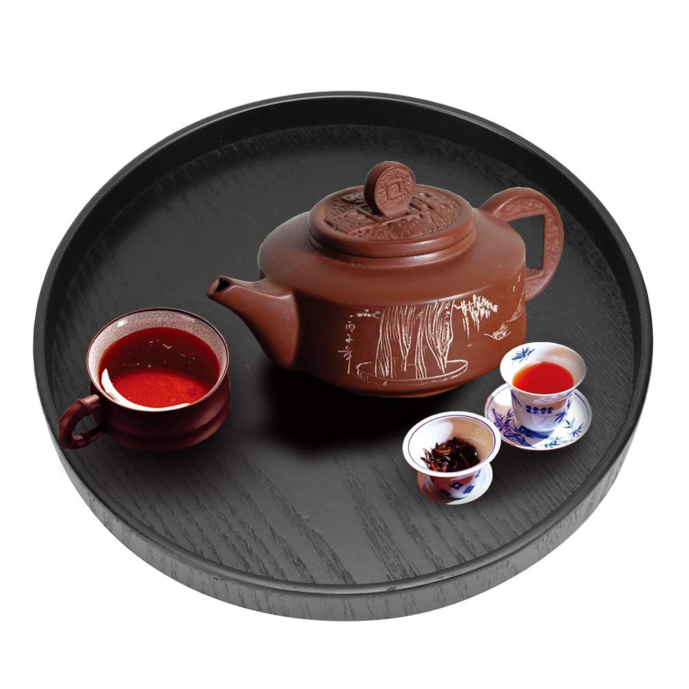 TOPINCN Round Serving Tray Wooden Tea Cup Tray Plates Holder Serving Teahouse Cafe Tea Drinks for Home Restaurant Use(Black)