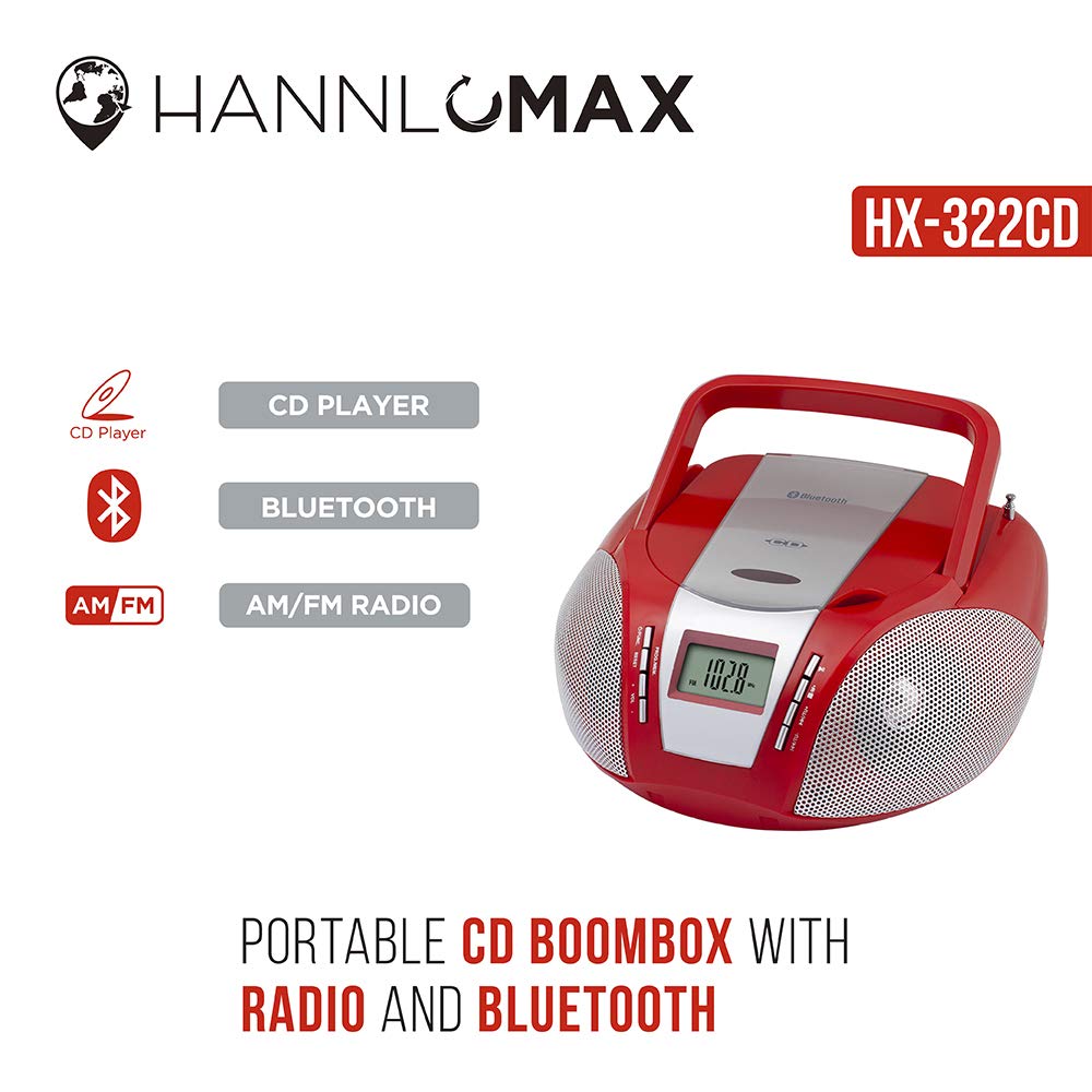 HANNLOMAX HX-322CD Portable CD Boombox with Radio, AM/FM Radio, Bluetooth, Aux-in, AC/DC Dual Power Source. (Battery not Included) (Red)