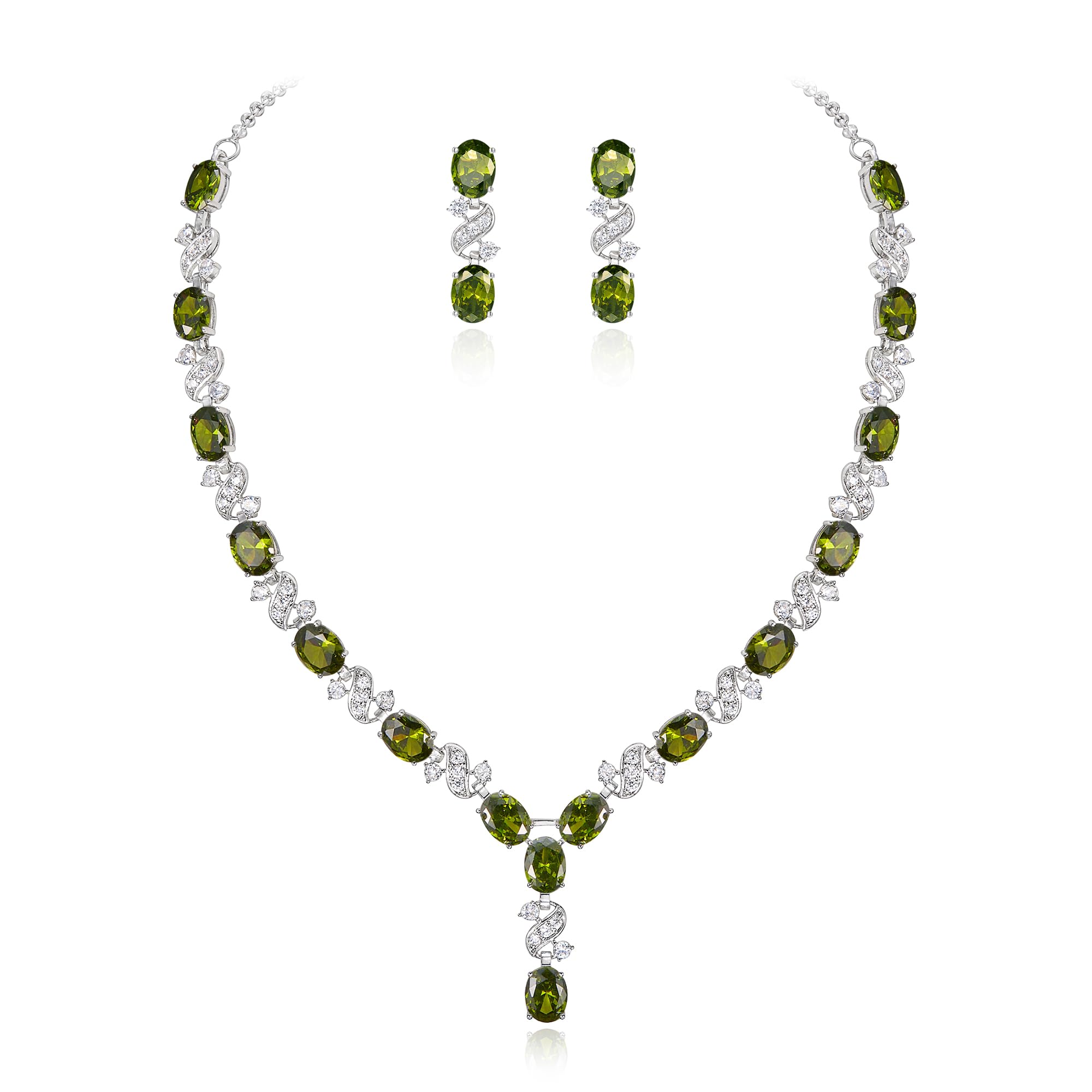 Clearine Women's Wedding Bridal Cubic Zirconia Infinity Y-Shape Tennis Necklace Dangle Earrings Set Olivine Silver-Tone