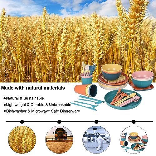 Hutuzldz Wheat Straw Dinnerware Sets, Kids Plates and Bowls Sets, Plastic Unbreakable Microwave Dishwasher Safe Tableware, Lightweight Reusable Kitchen Set Travel Camping RV Dishes