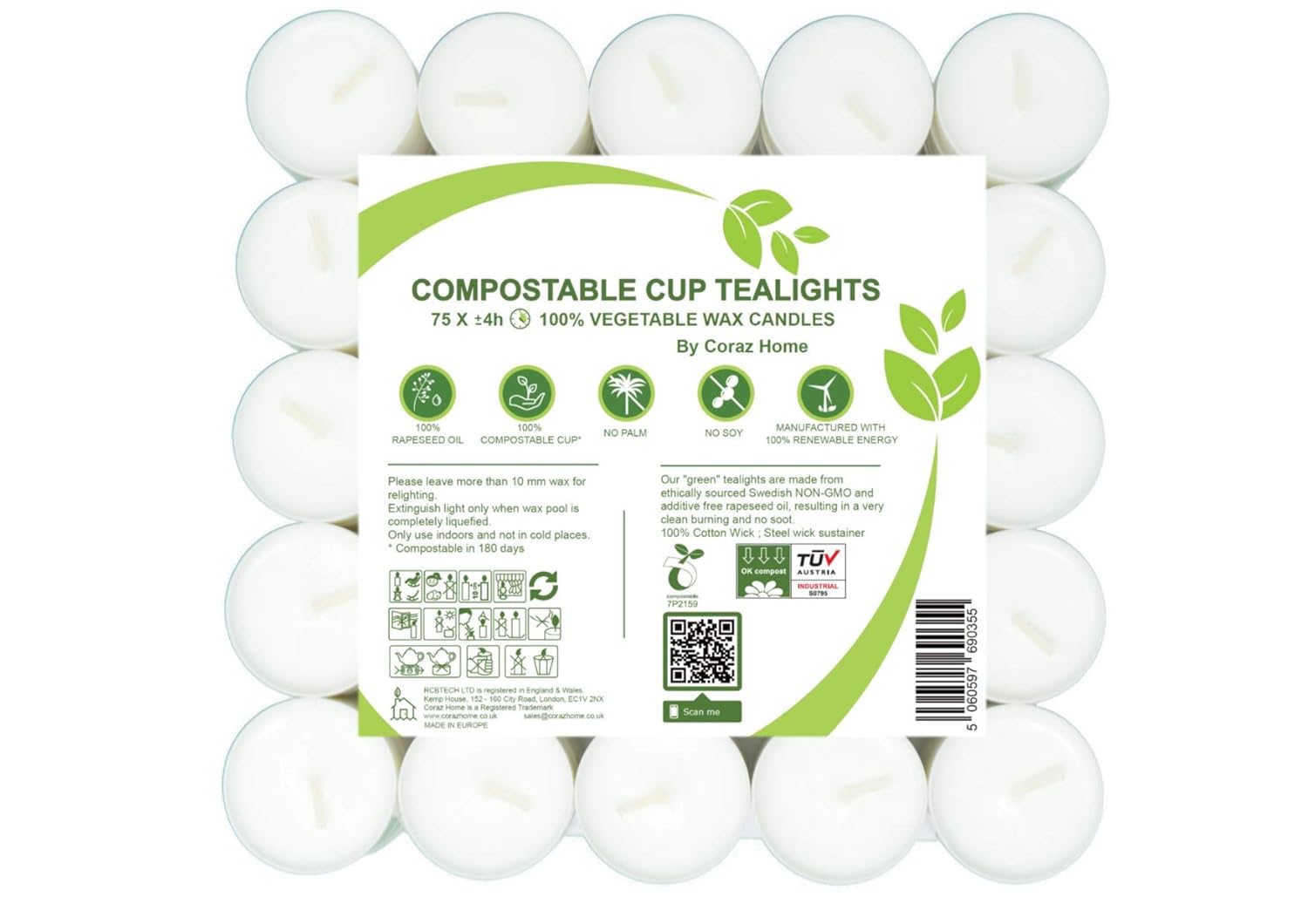 Compostable Cup Tea Lights Vegetable Wax Rapeseed Wax Tealights 4 Hours
