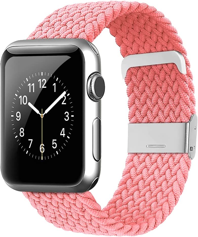 WZS Adjustable Extra Length Nylon Braided Solo Loop Watch Band Compatible with Apple Watch 38/40MM,Pink