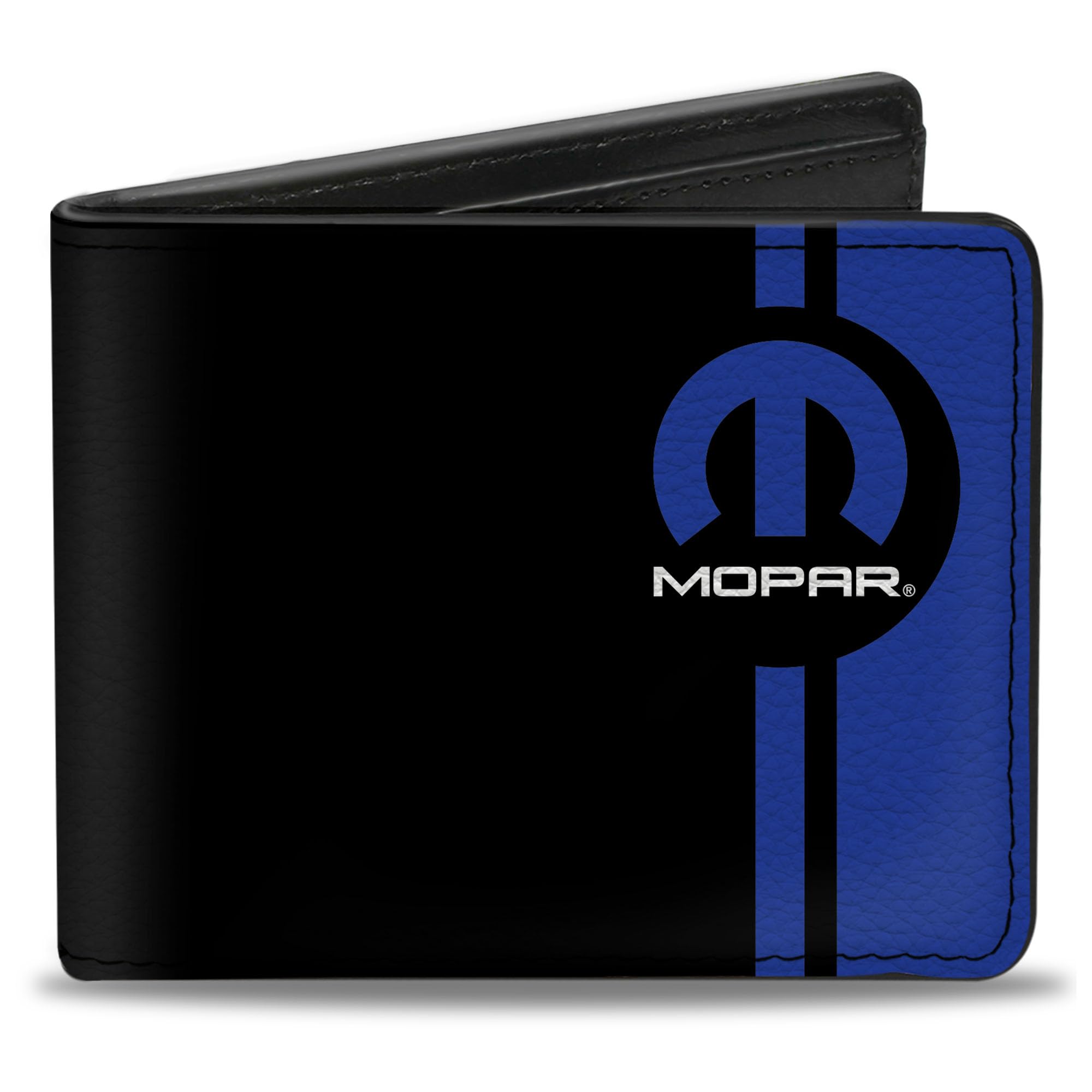 Buckle-Down Men's PU Bifold Wallet-Mopar Logo/Stripe Black/Blue, Multicolor, 4.0" x 3.5", Multicolor, 4.0" x 3.5", Pu Bifold Wallet - Mopar Logo/Stripe Black/Blue