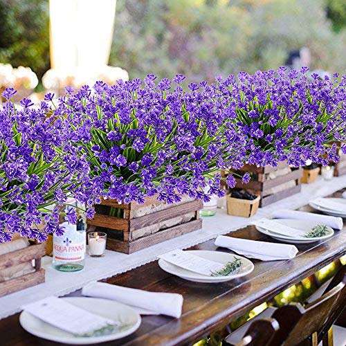 Artificial Fake Flowers,8 Bundles Outdoor Summer UV Resistant Greenery Shrubs Plants for Indoor Home Table Kitchen Hanging Planter Garden Wedding Decoration Independence Day Décor (Purple) - Thumbnail 2