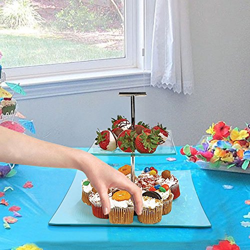 2 Tier Server - Tiered Glass Serving Stand Square Cake Plates with Metal Handle - Food Display Platter for Party and Event, Best for Appetizers, Snacks and Desserts - Thumbnail 4