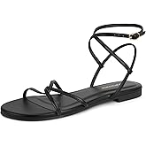 LOOPCHARM Women's Flat Sandals Strappy Open Round Toe Lace Up Shoes with Adjustable Ankle Strap for Summer