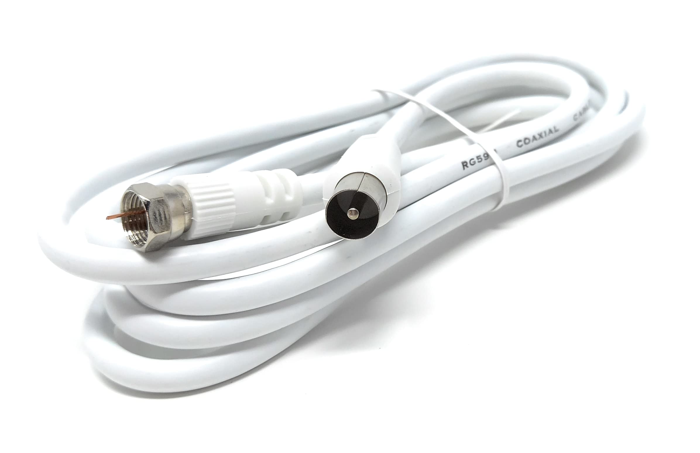 DRUT 3m, RF TV Aerial Male to F Type Connector Male Plug Coaxial Coax Cable, Lead, 75 Ohm, 3C-2V (10ft, White Nickel Connectors)