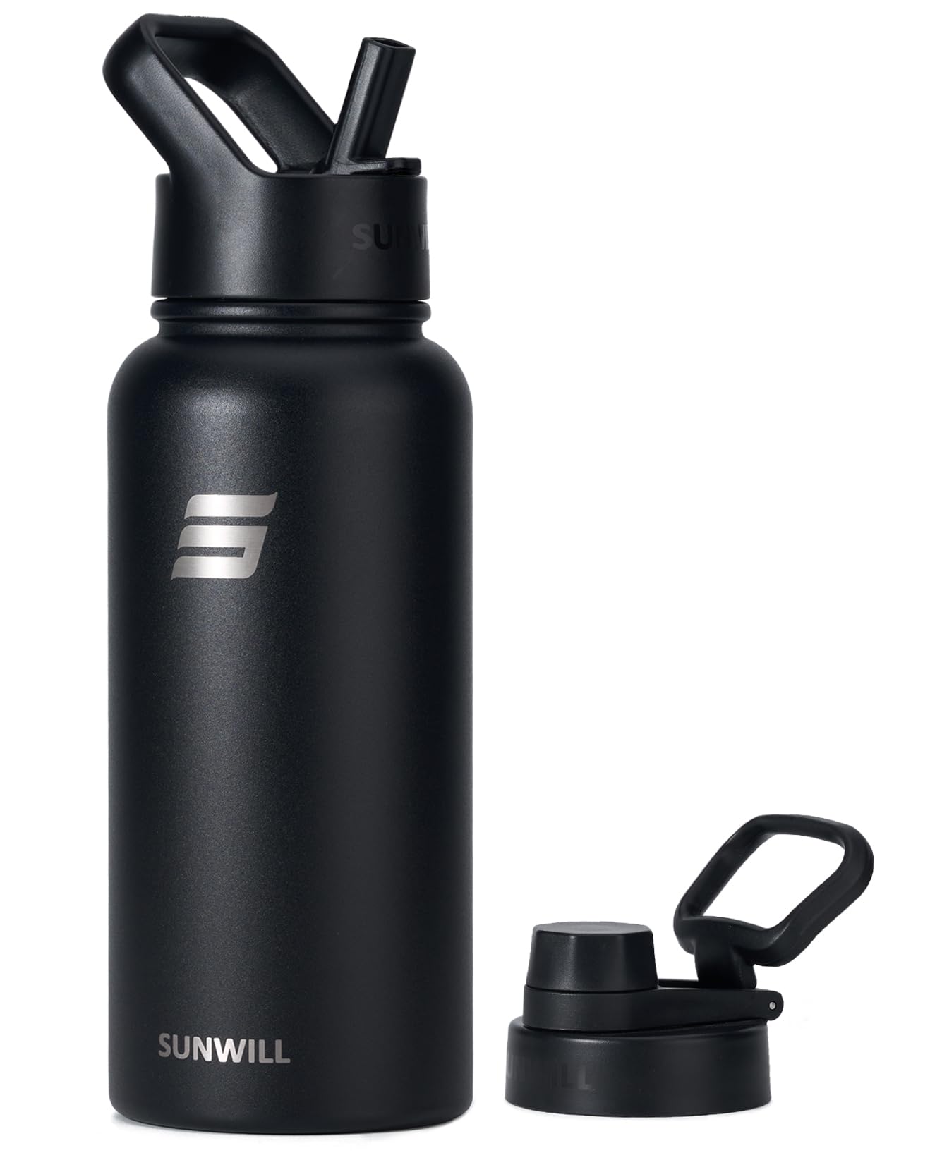 SUNWILL Metal Water Bottle 1l Stainless Steel, Insulated Leakproof Thermal Flask with Straw and 2 Lids for Cold and Hot Drink, Running, Sports, Gym, Travel, Black