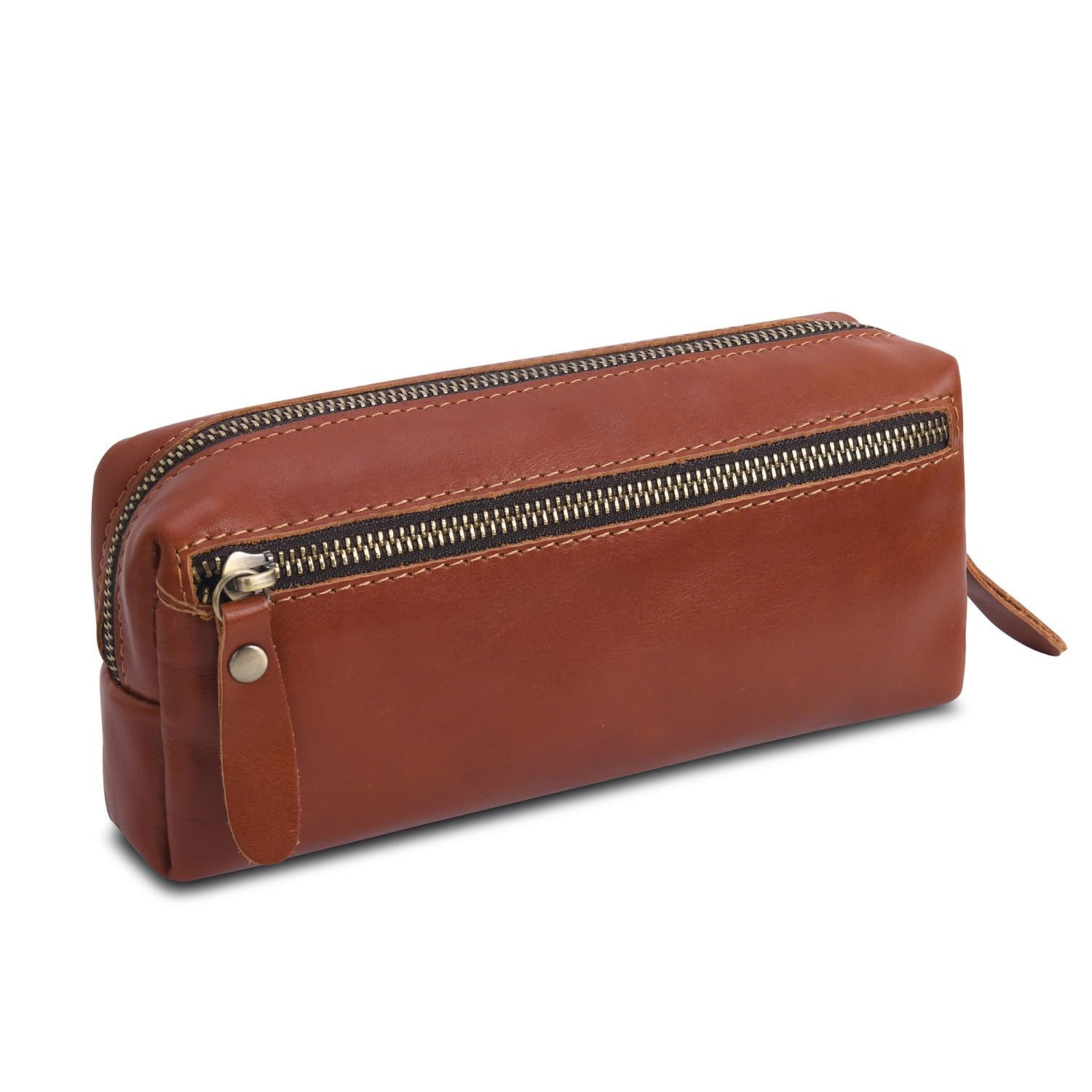 Wonderpool Pen Case Real Leather Pencil Pouch Markers Holder Big Capacity Bag with Side Zippered Pocket Sleeve for Stationery Makeup Utensils Organizer (Red Brown)