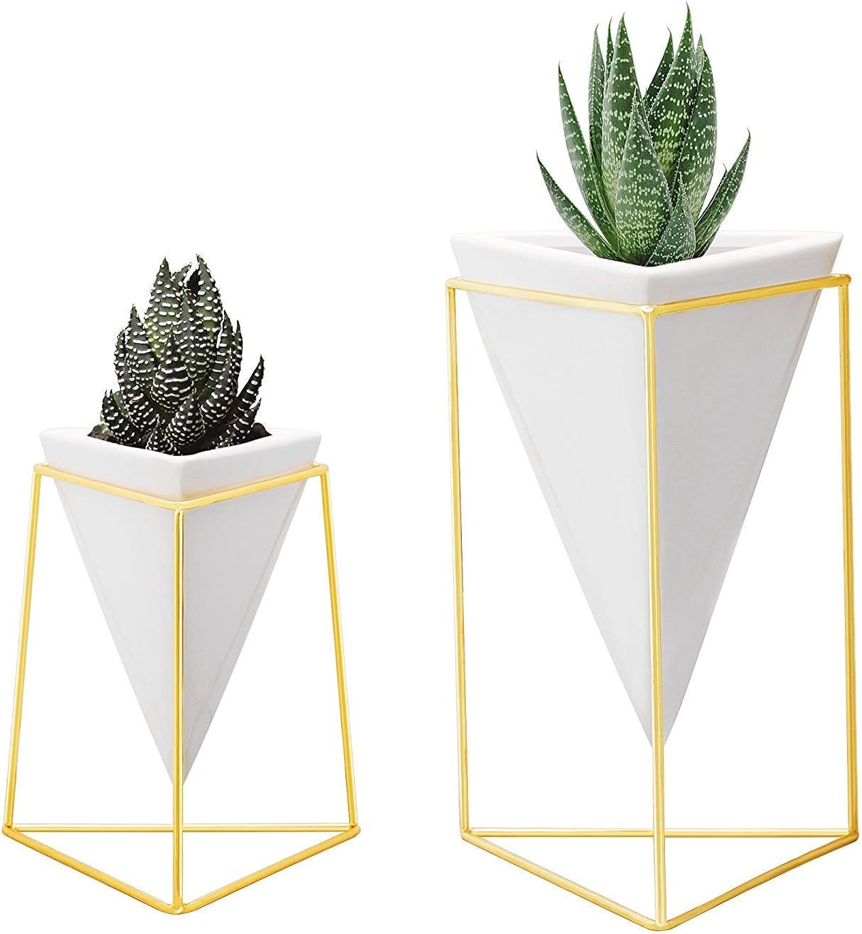 Nellam Ceramic Vase White Succulent Planter - Modern Geometric Mini Pots for Desktop Container, Air Plants, Cactus, Bamboo & Flowers with Decorative Brass Wire Frames - Set of 2(Large & Small)