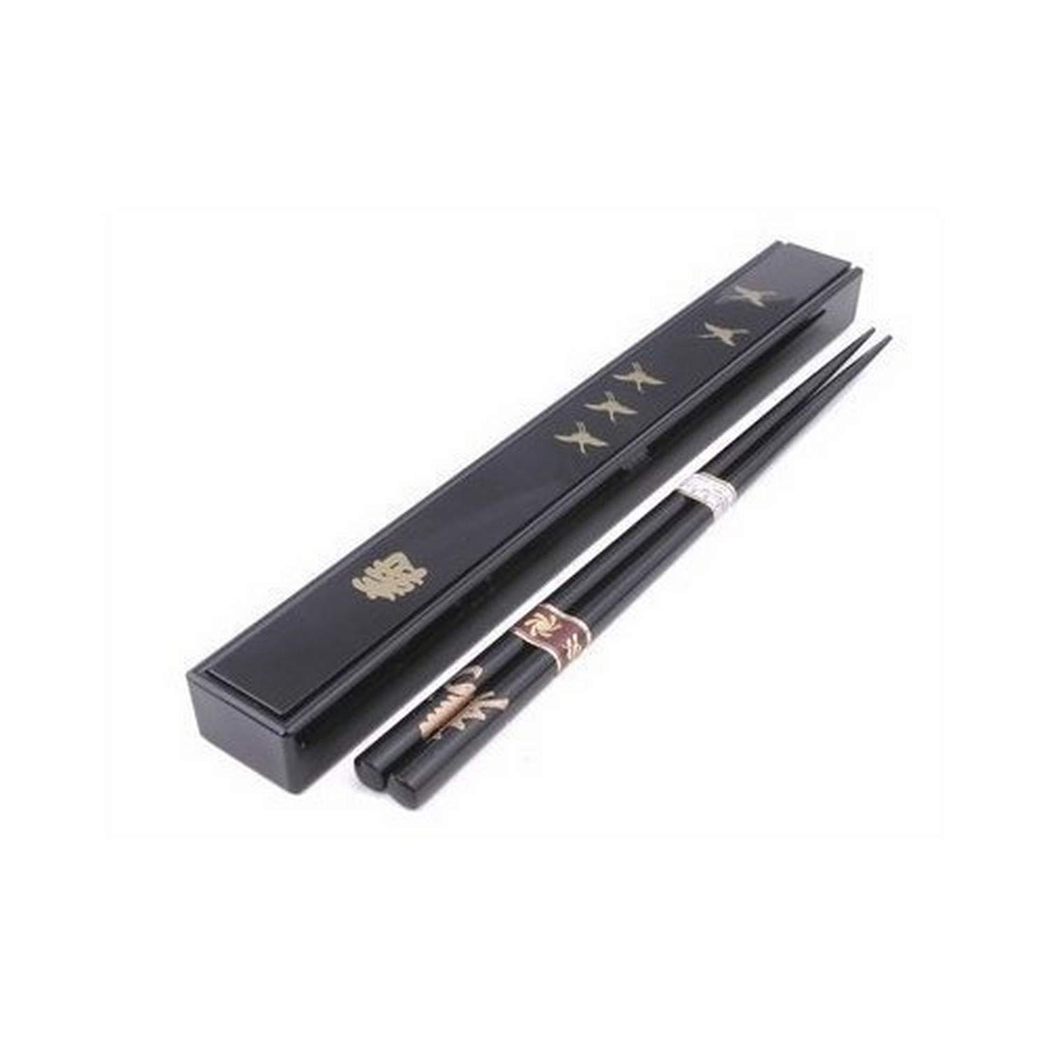 Photo 1 of JapanBargain 3640, Japanese Portable Chopsticks with Case Travel Chopsticks, Crane Pattern, Black, Made in Japan