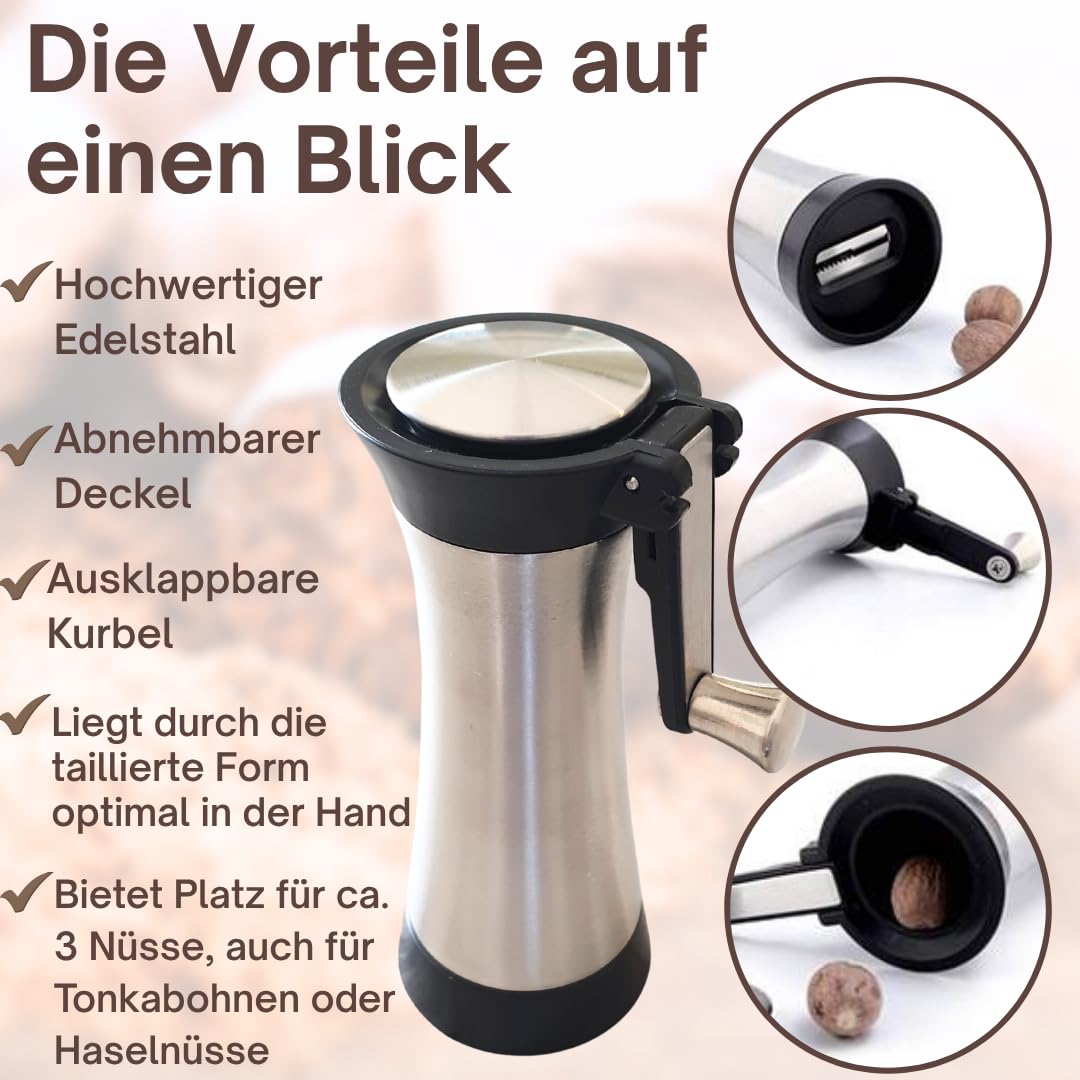 TOPANBIETER 999 Muskatmühle Gewürzmühle Muskatnussmühle Edelstahl mit Aufbewahrungsbehälter und einklappbarer Kurbel frische Muskatreibe paßt auch für Tonkabohnen 3