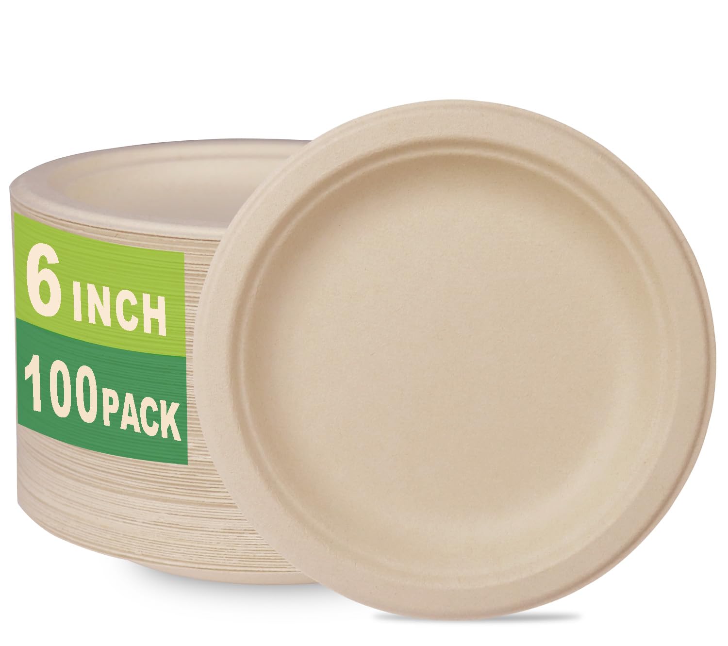 Photo 1 of GreenWorks 100 Count 6“ Small Compostable Dessert Plates, Heavy-duty Unbleached Biodegradable Bagasse and Bamboo fiber Paper Plates
