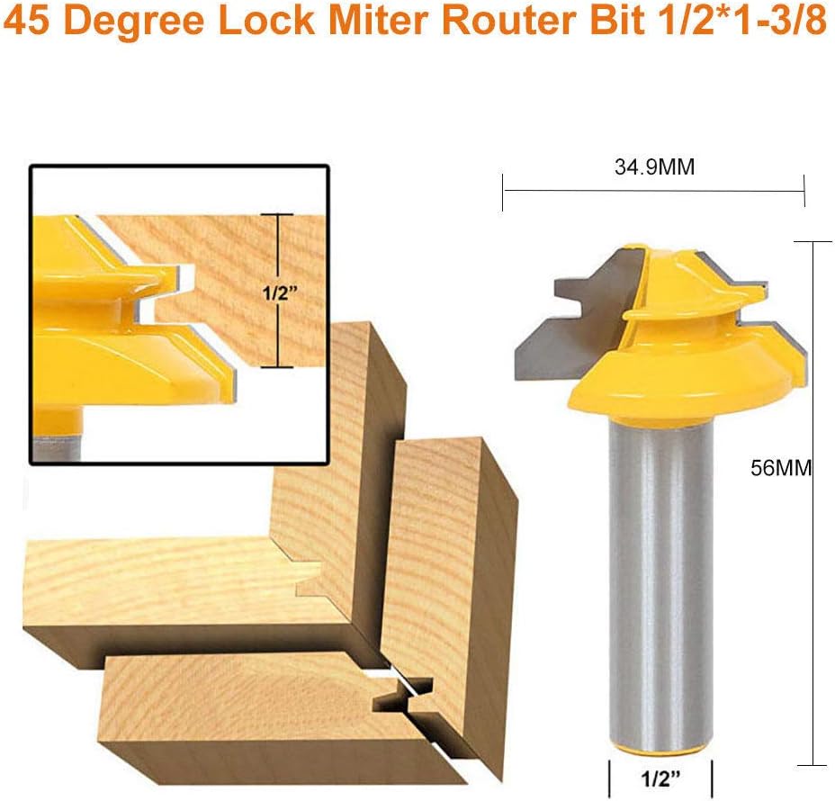 Router Bit 1/2" Shank with 45 Degree Lock Miter Bit Tungsten Woodworking Cutter