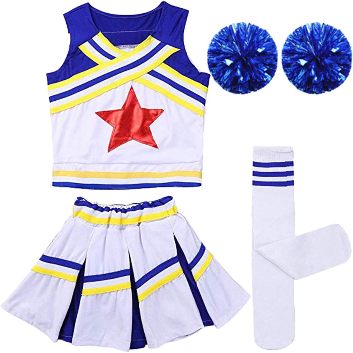 Girls Kids Cheerleader Uniform Costume Soccer Carnival Party Outfit Crop Top with Skirt Knee Socks Match Pom poms Set