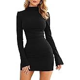 BEAGIMEG Women's Bodycon Elegant Flare Long Sleeves Ruched Basic Party Club Mini Dress